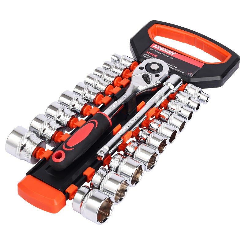 Egofine 21pcs 3/8 Inch Ratchet Socket Wrench Set  Drive Socket Set with 19 Sockets  6-24mm sockets and 2 Way Quick Released Ratchet Handle and Extension Bar - Image 1
